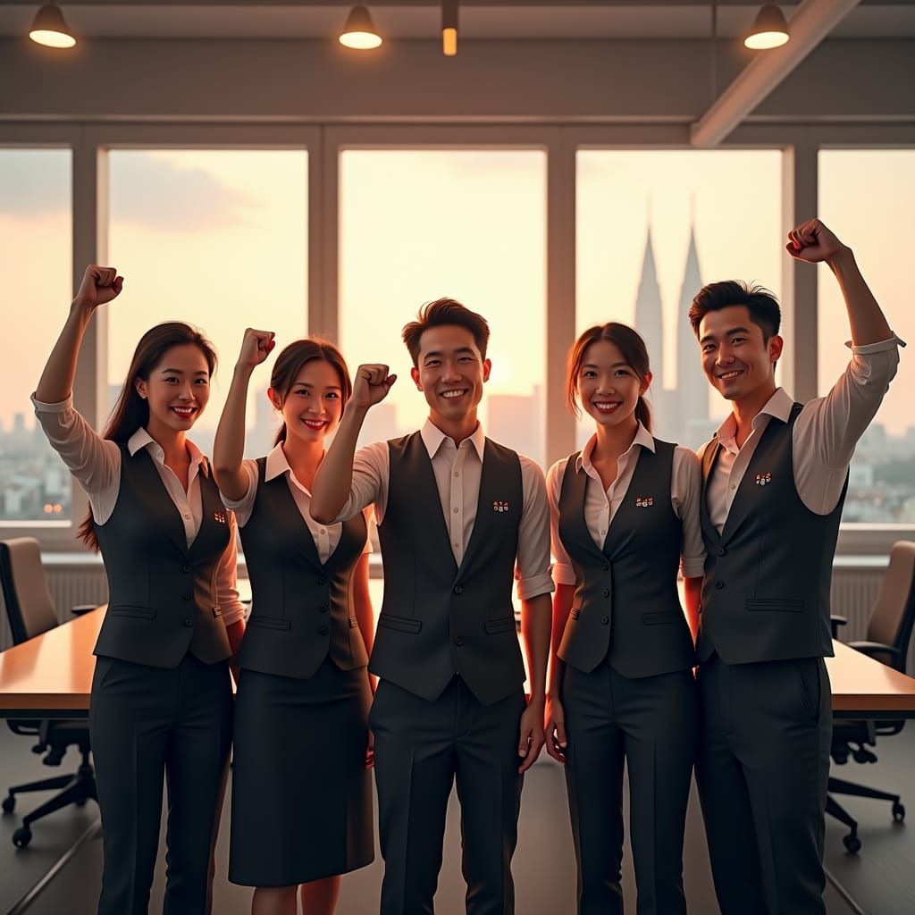 Vietnamese Colleagues Celebrate in Modern Office, Matte Pain...