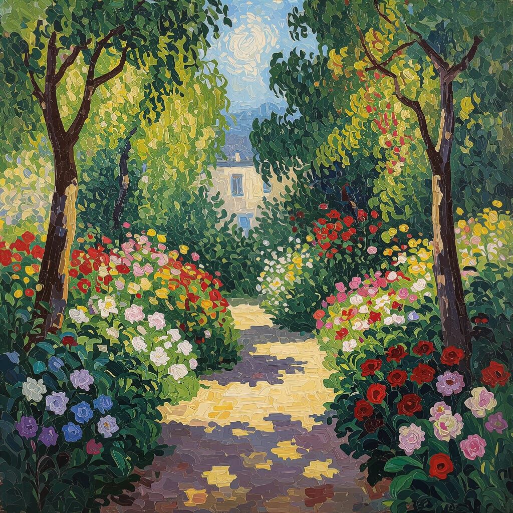 Vibrant Bird-Filled Garden in Impressionist Style
