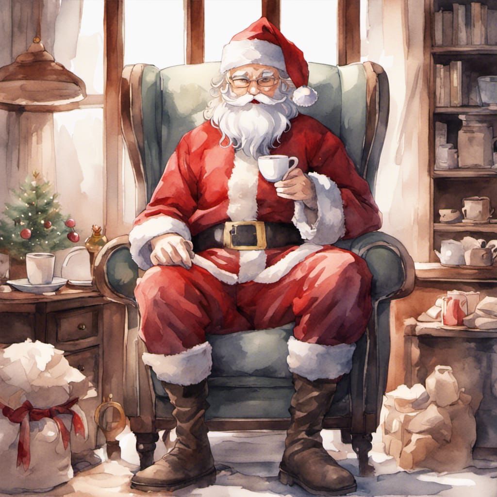 Watercolor Santa Claus Relaxing with Cocoa