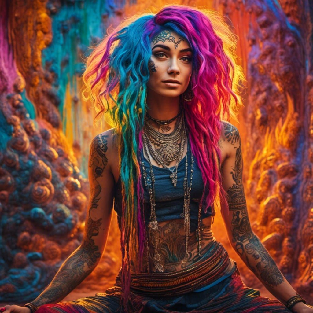 Fauvist Woman with Rainbow Hair and Henna Tattoos