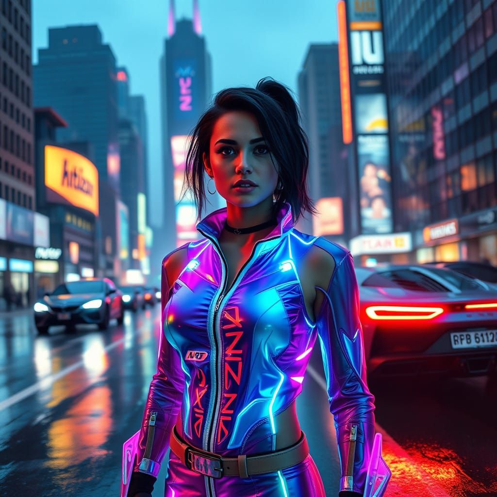 Neon Goddess in Cyberpunk Metropolis