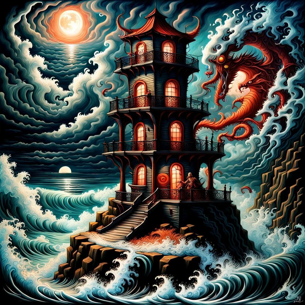 Sea Monster Attack Under Blood Moon: Pop Surrealism