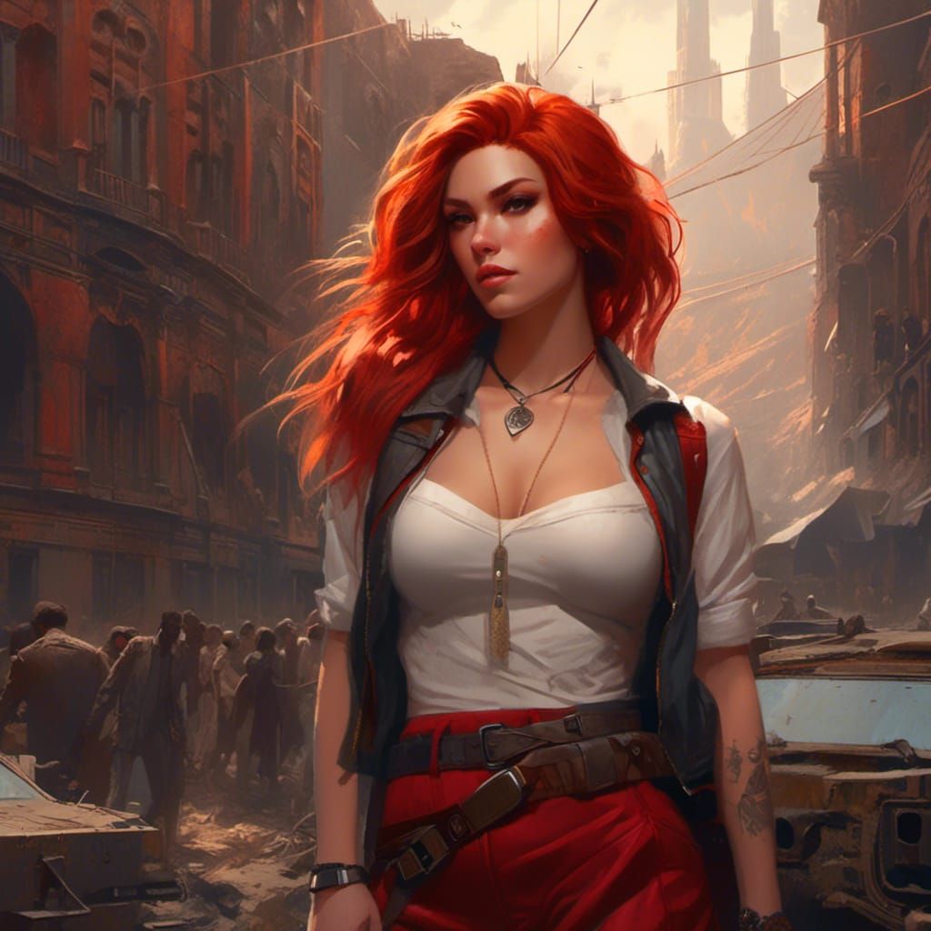 Macabre Redhead Tomboy in College City, Detailed Render