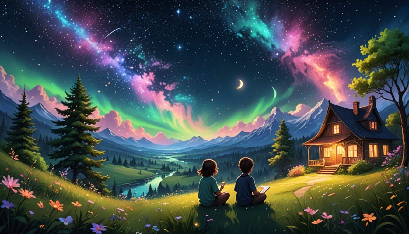 Whimsical Children's Library Under the Aurora