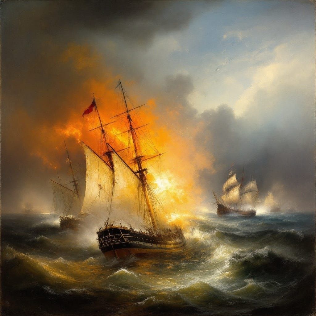Frigate Duel in Tempestuous Seas, Romanticism Style