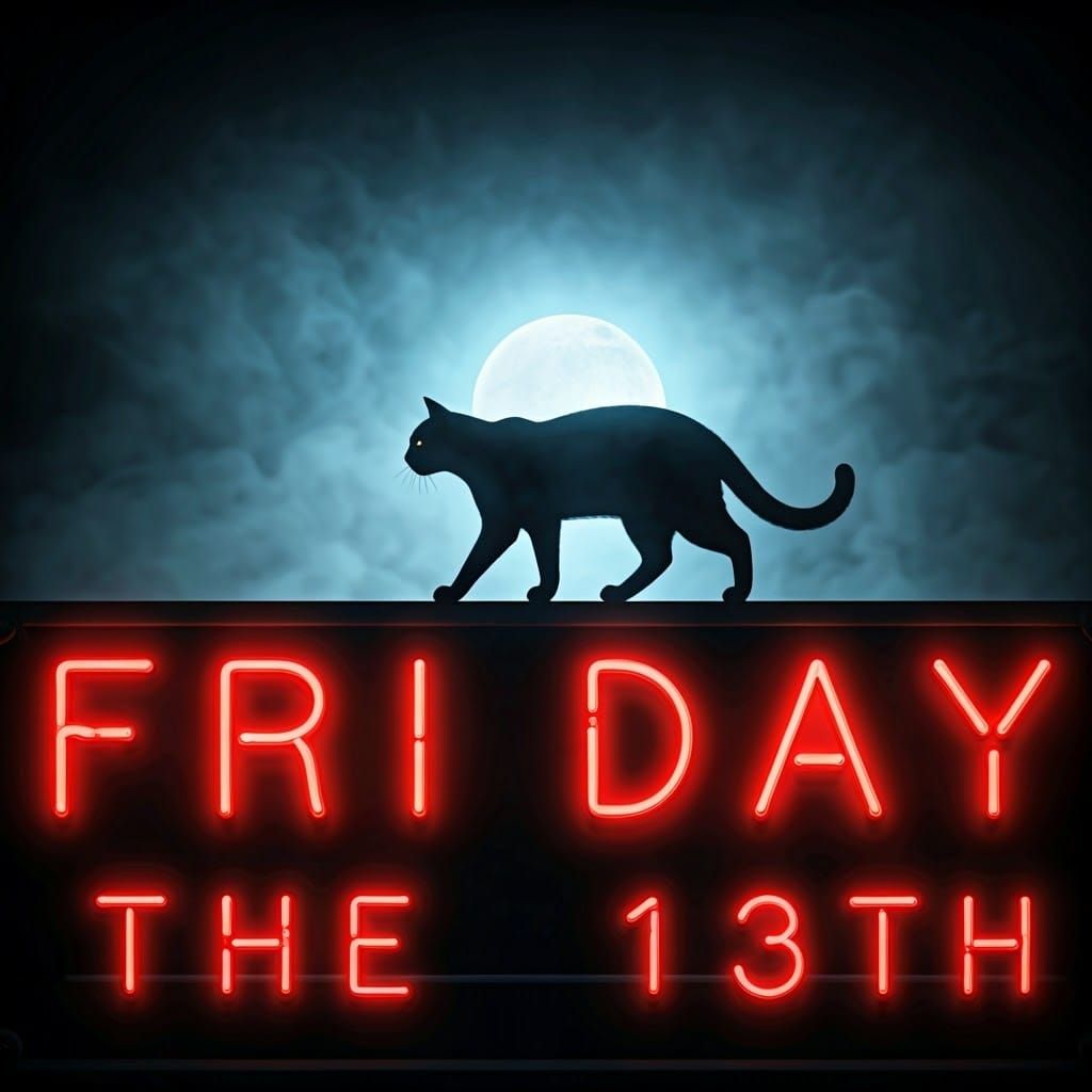 Sleek Black Cat Silhouette Against Neon Sign of Friday the 1...
