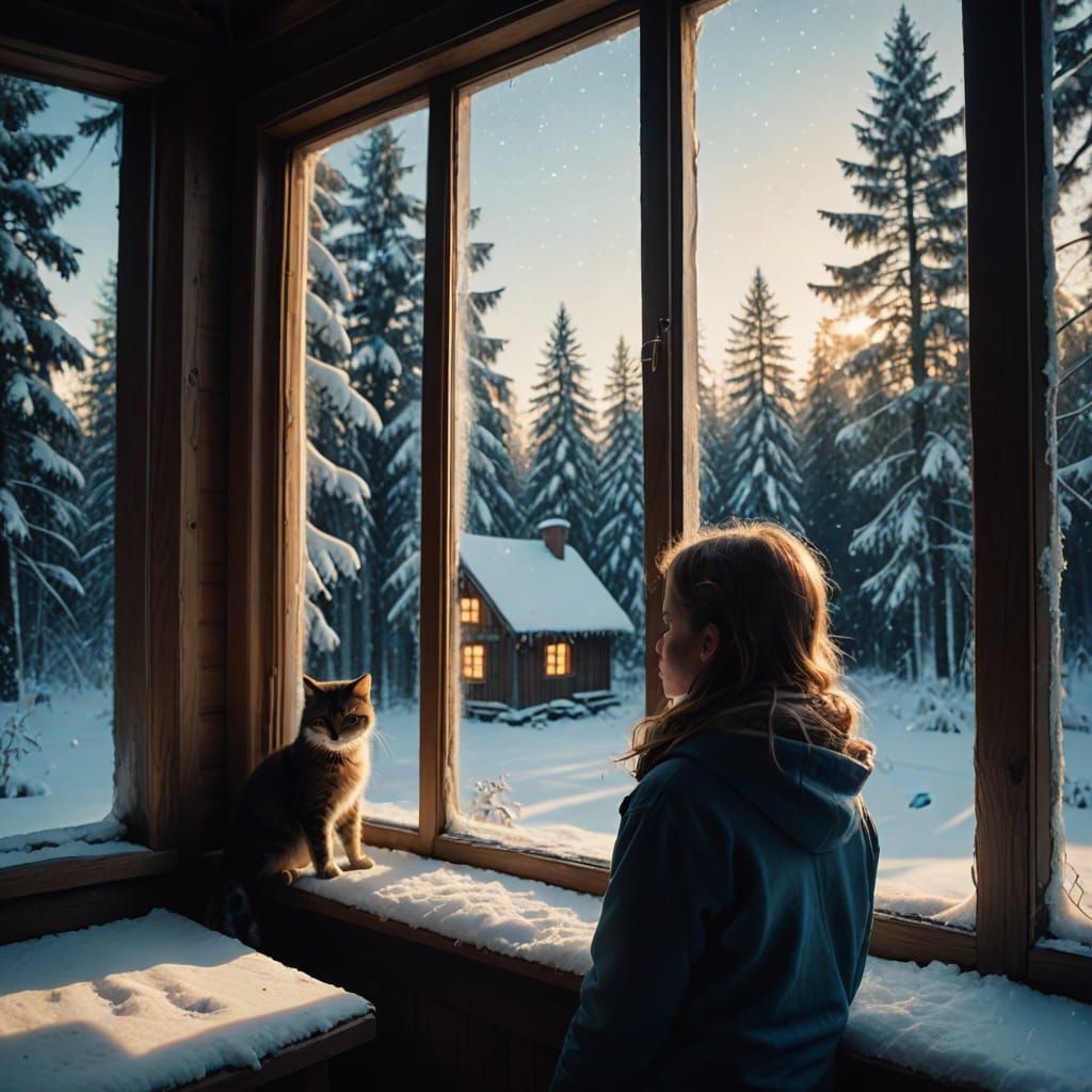 Joyful Girl and Kitten in Snowy Winter Wonderland