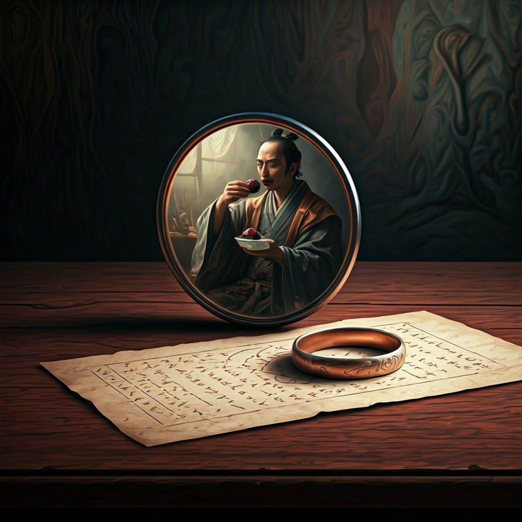 Ornate Table with Runes in Dreamlike Oil Painting