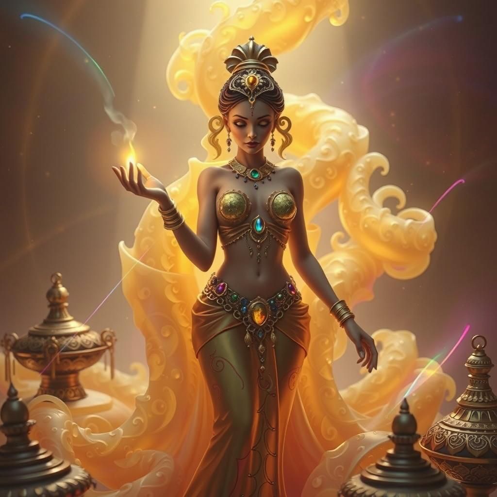 Bioluminescent Rainbow Genie Coiled Around Golden Lamp