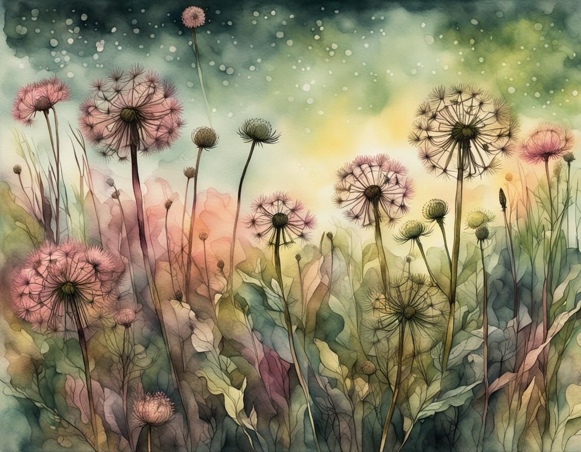 Ink and watercolor illustration with bright sage green, brown, brownish rose pink : Flowers Backlit by radiating sunra...