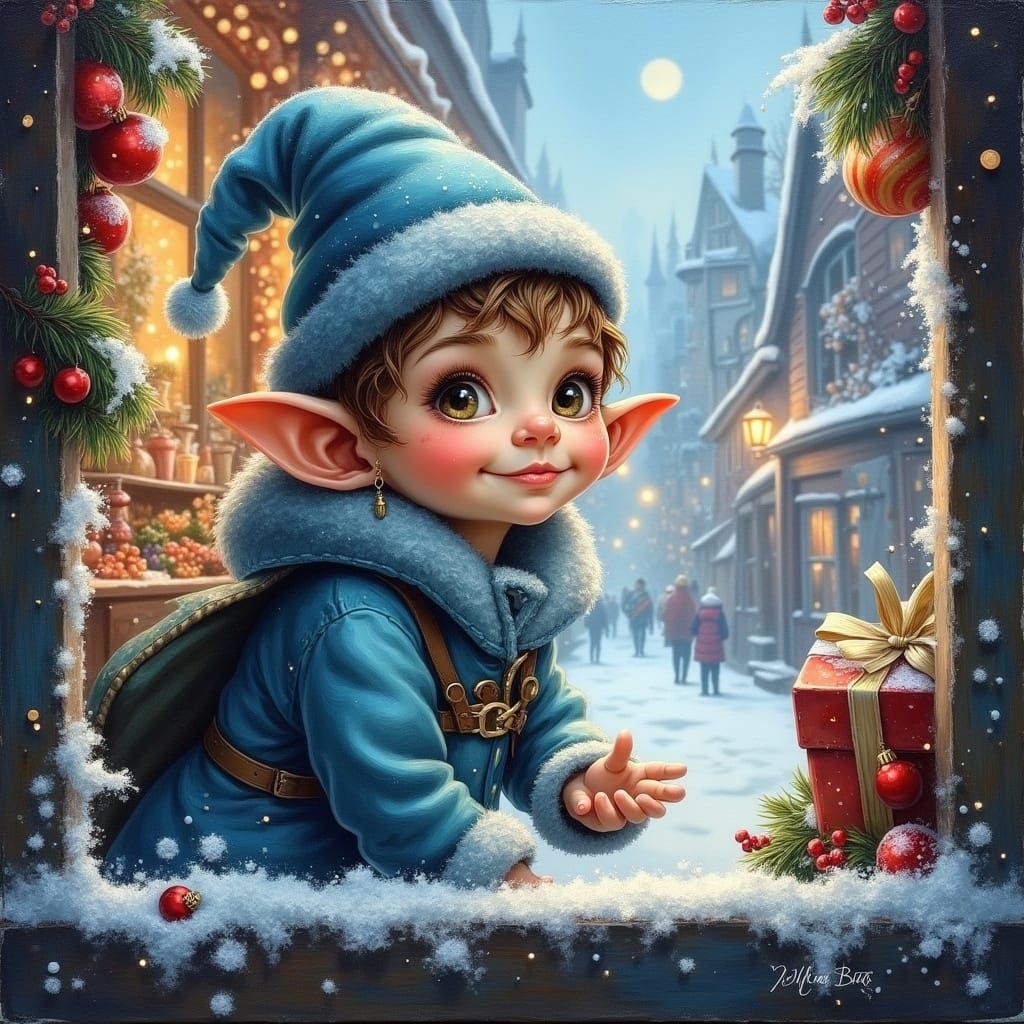 Whimsical Elf in Christmas Village Scene, Painted in Oil