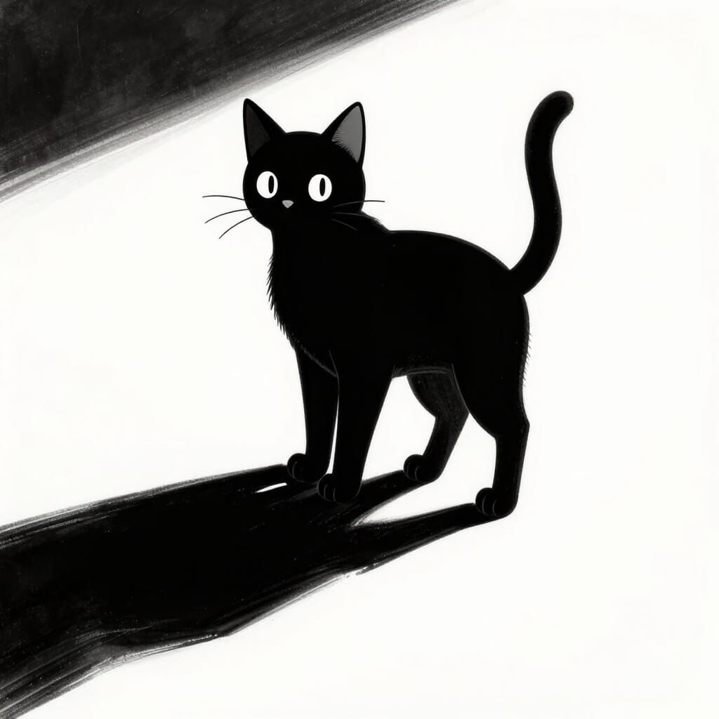 Black and white only, a stylised black cat on a white background with strong directional light casting an elongated shad...