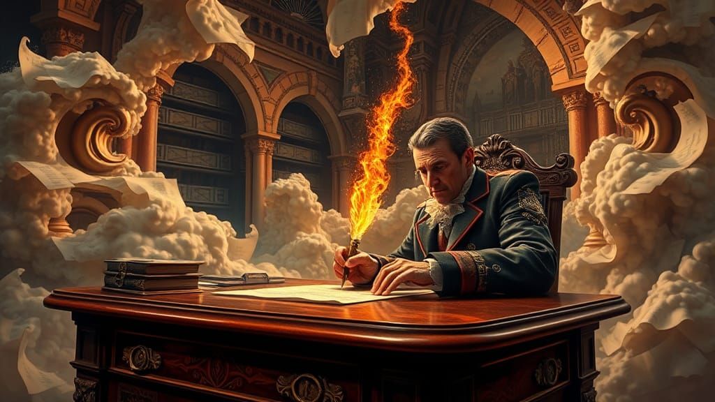 Dieselpunk Lawyer Granting Mandates in Surreal Setting