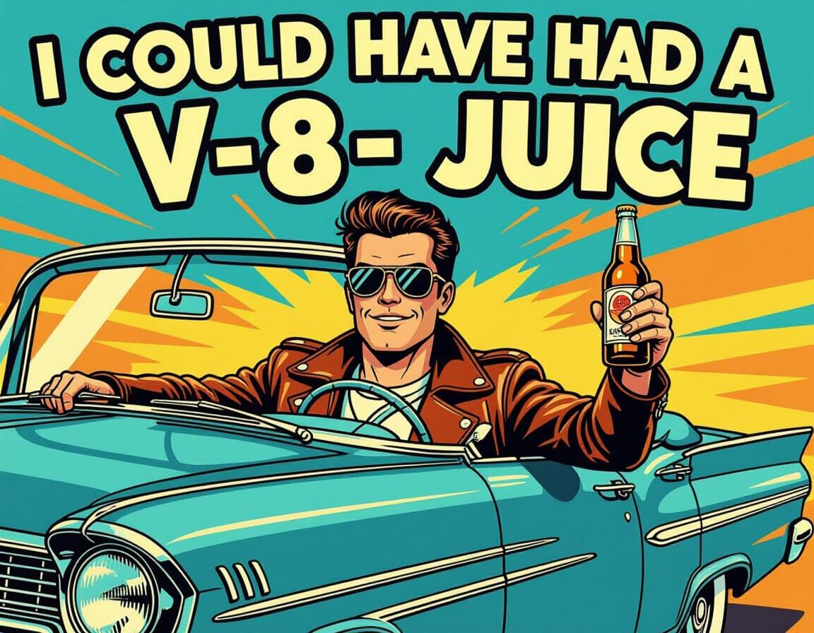 Retro Illustration of Driver With Beer in V-8 Car