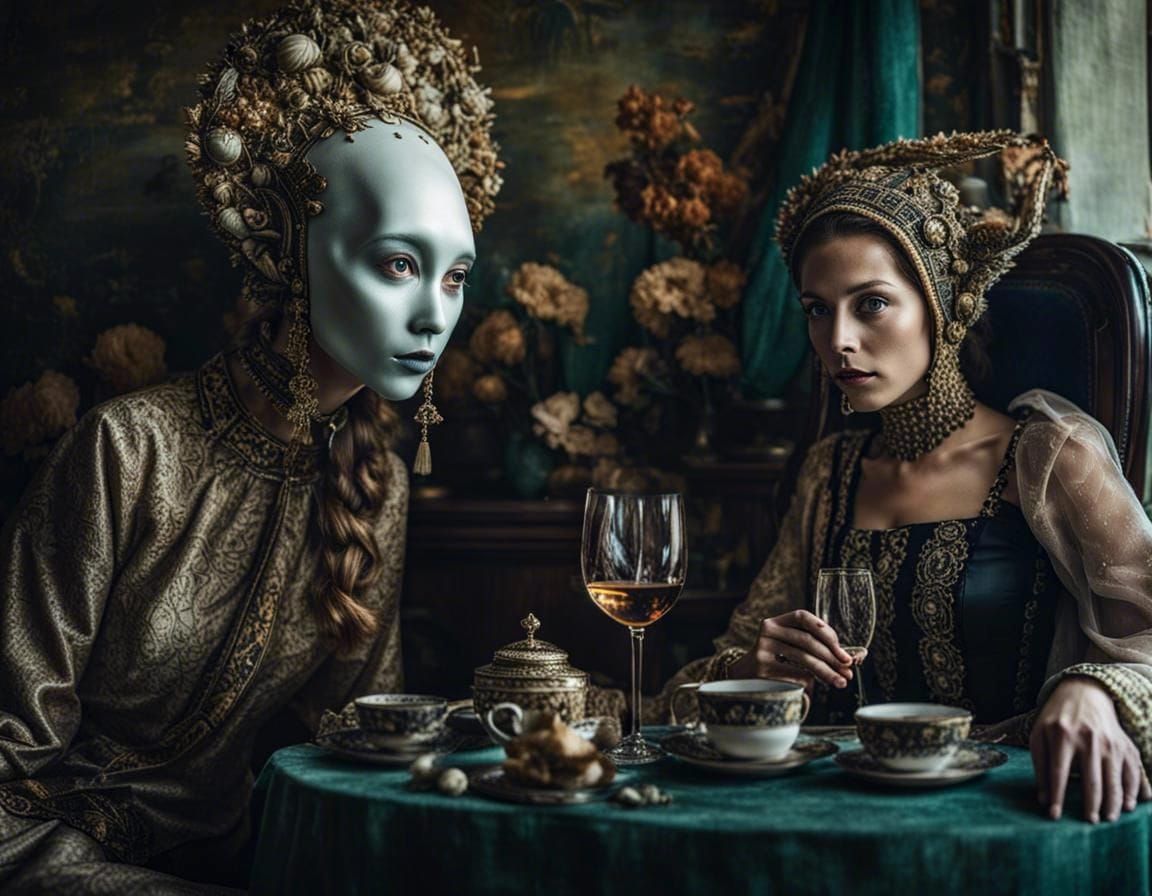 Surreal Alien Restaurant Celebration in Magical Realism