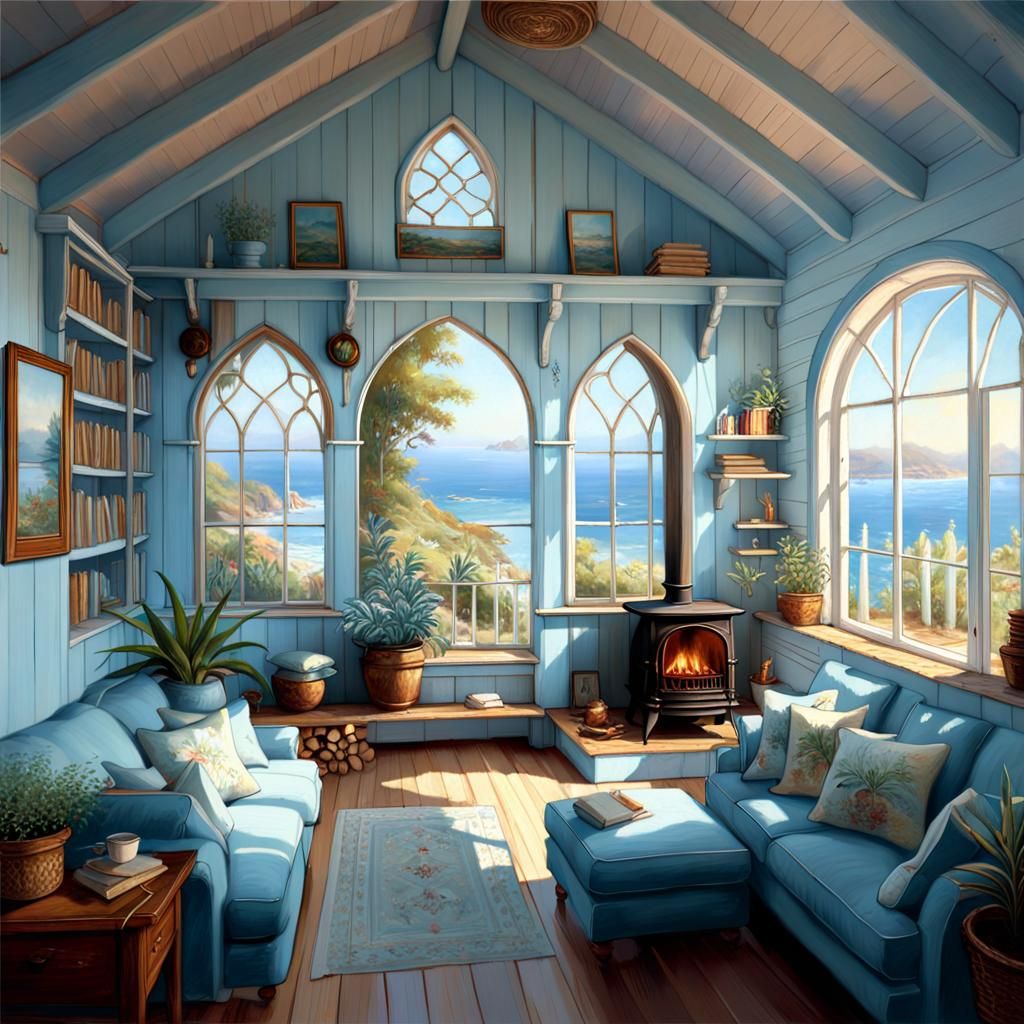 Cozy Beach Cabin Interior with Sea View