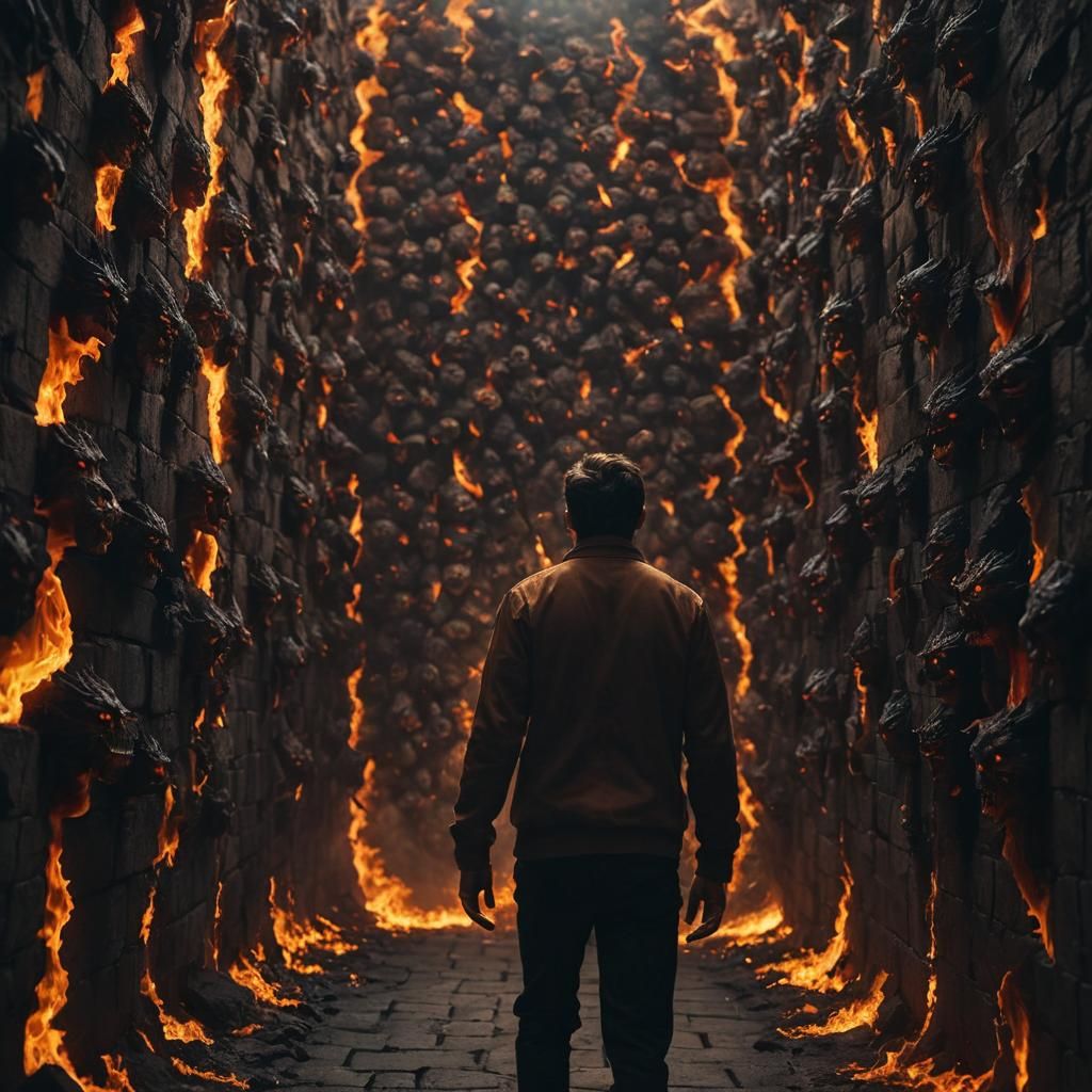 Man Walks Through Fire in Surreal Landscape