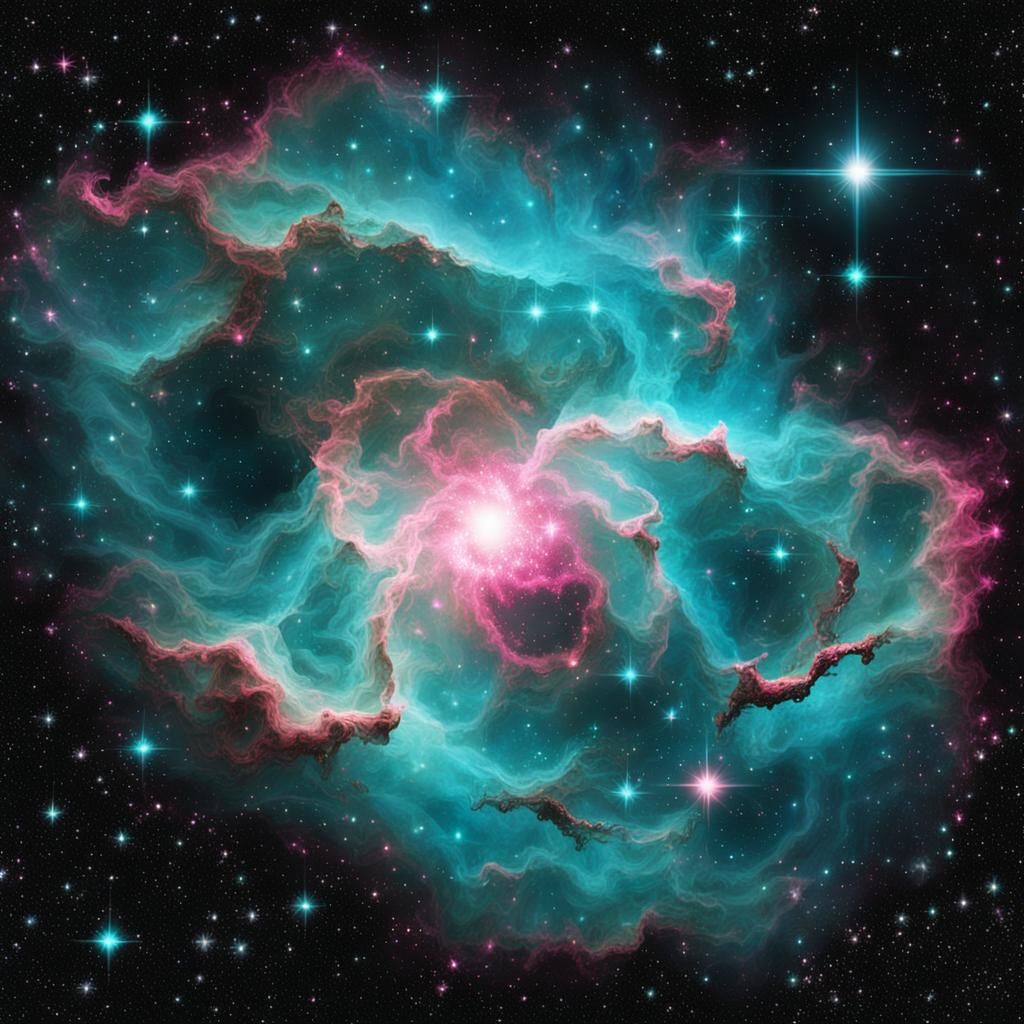Turquoise and Pink Nebula in Starry Universe