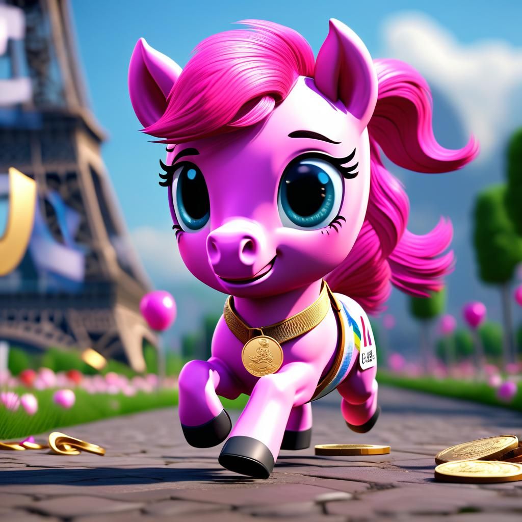 The little pink pony with big cute chibi eyes runs away with...