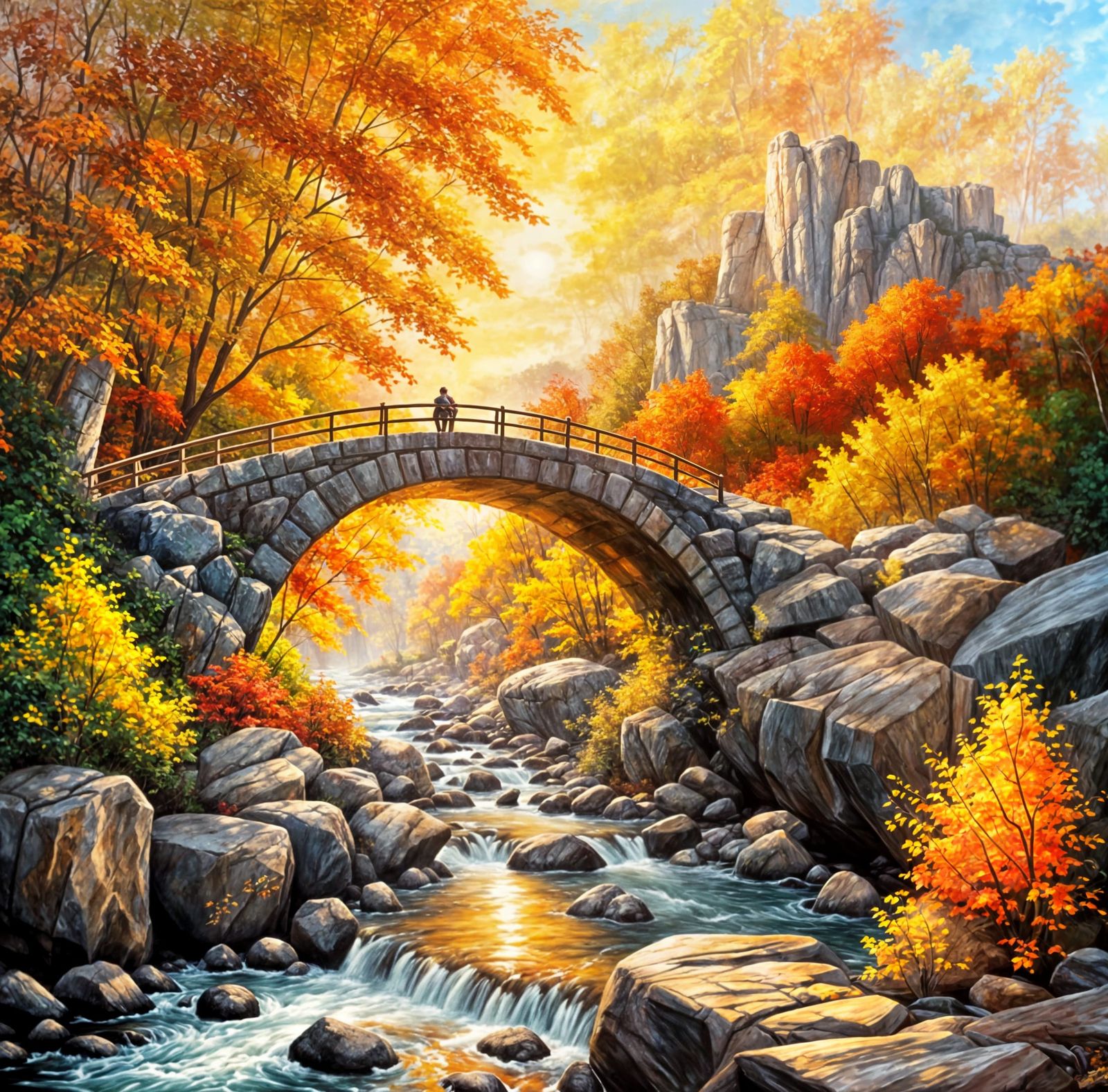 Whimsical Autumn Bridge at Golden Hour