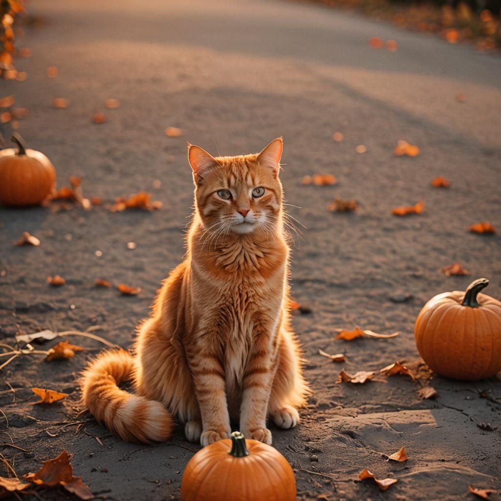 Orange Tabby Cat and Pumpkin at Sunset