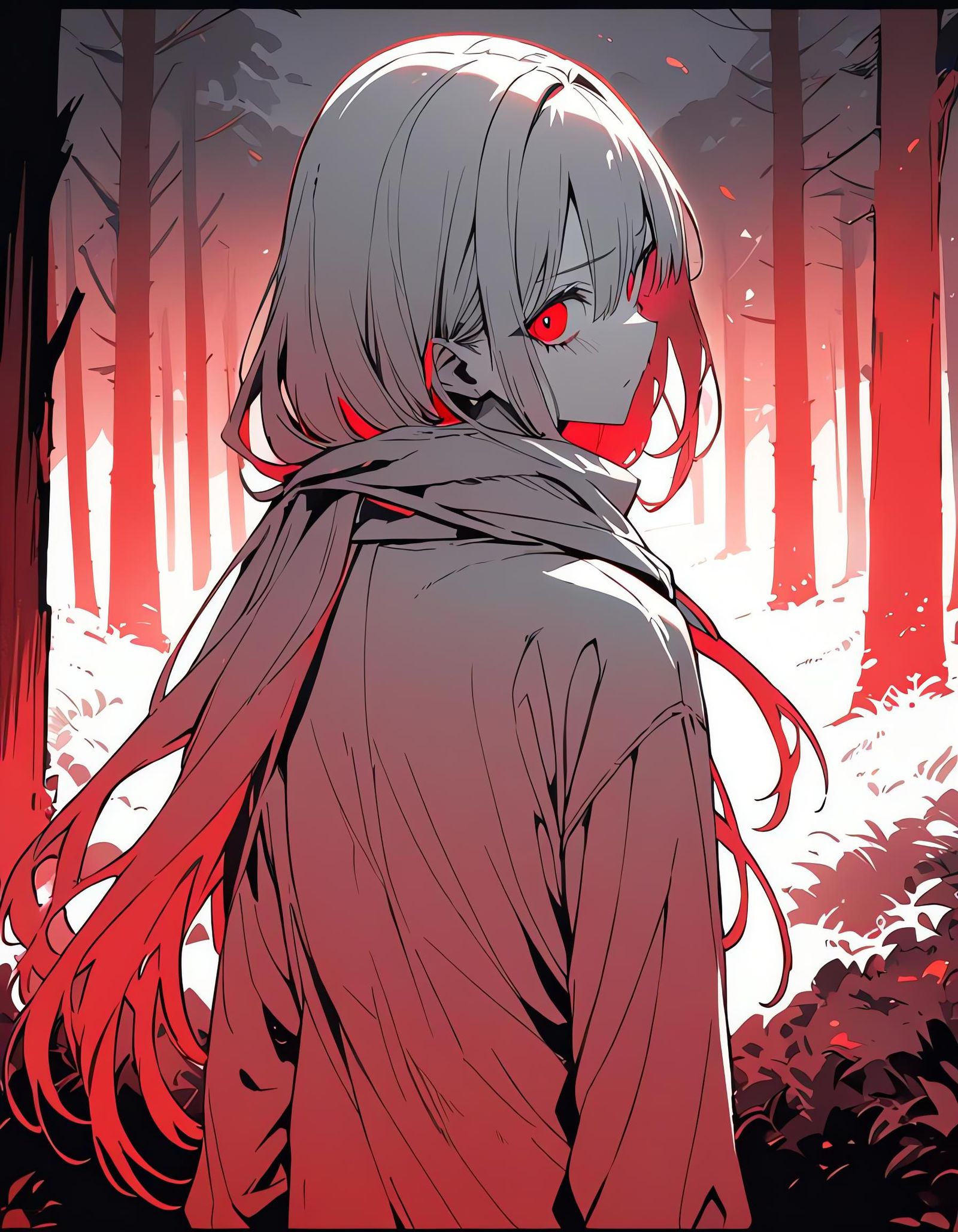 Terrified Girl in Red Forest: Monochrome Cel Shading