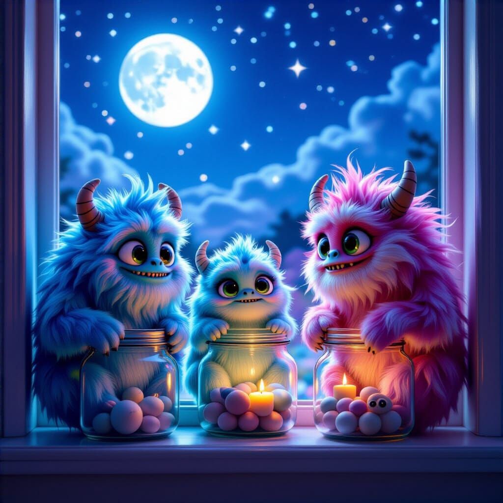 Whimsical Pastel Monsters in Glass Jars Under Starry Sky