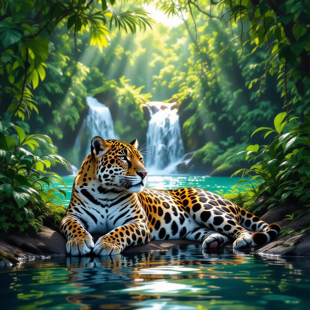 Jaguar Resting by Waterfall in Lush Jungle Clearing
