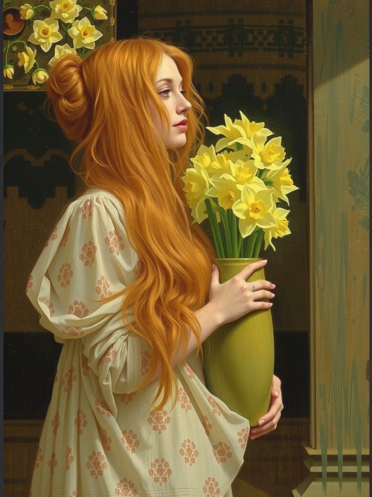 Ethereal Woman with Vibrant Daffodils in a Renaissance-Inspi...