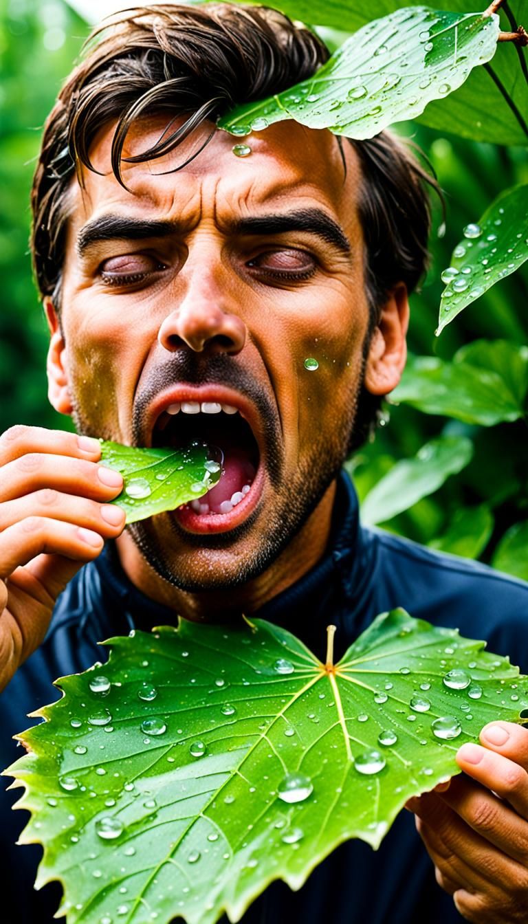 Dehydrated man drinking Dewdrops
