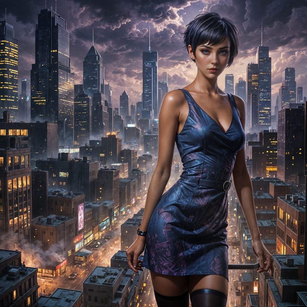 Seductive Girl in Megapolis: Detailed Digital Painting