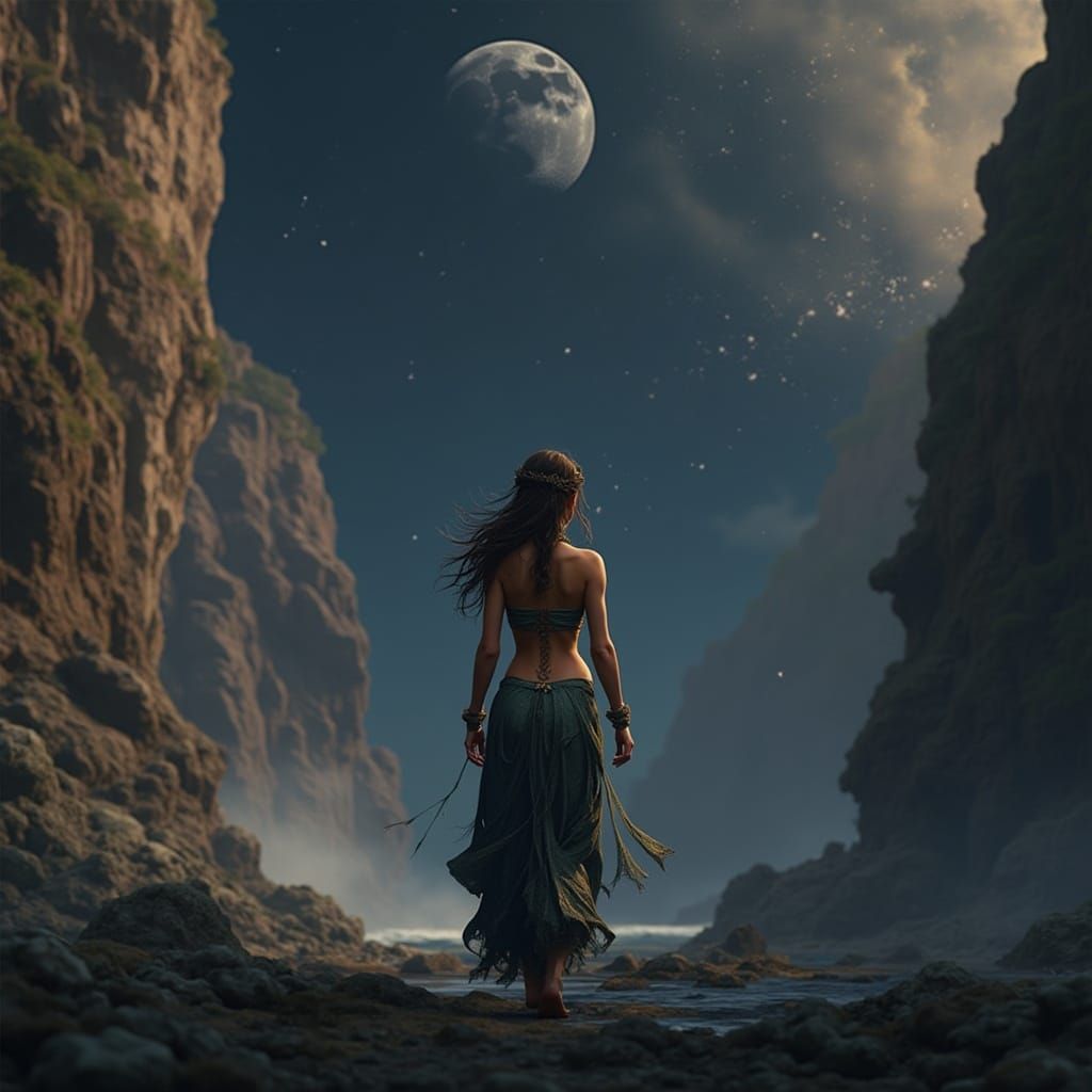 Goddess Ishtar Walking to the Moon, Fantasy Art