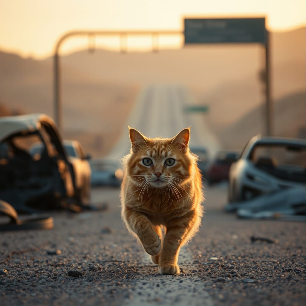 Tabby Cat's Freeway Run: Cinematic Film Still
