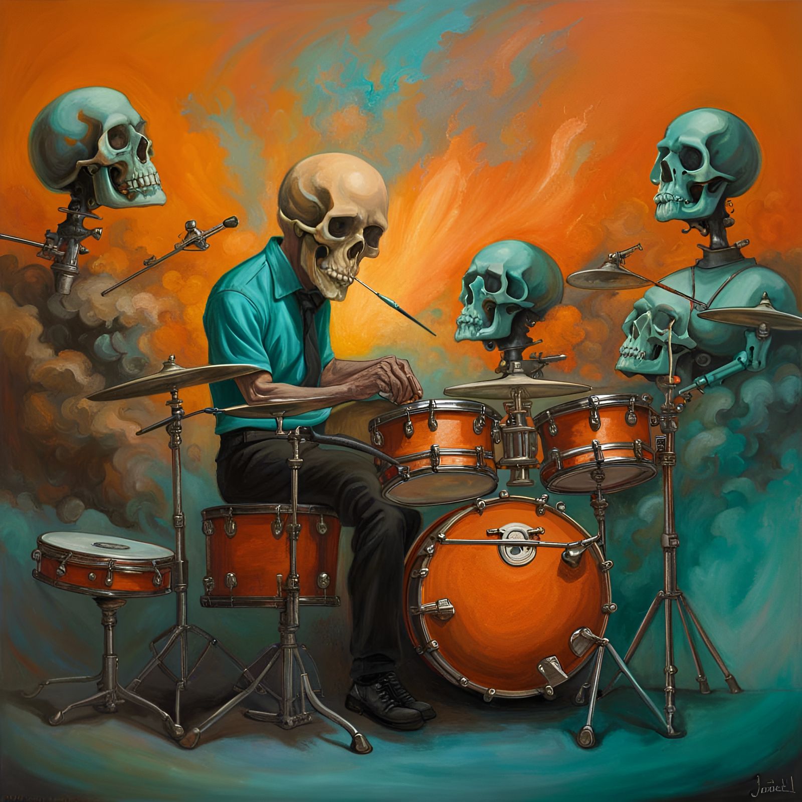 Skull Drummer in Hellfire Oil Painting