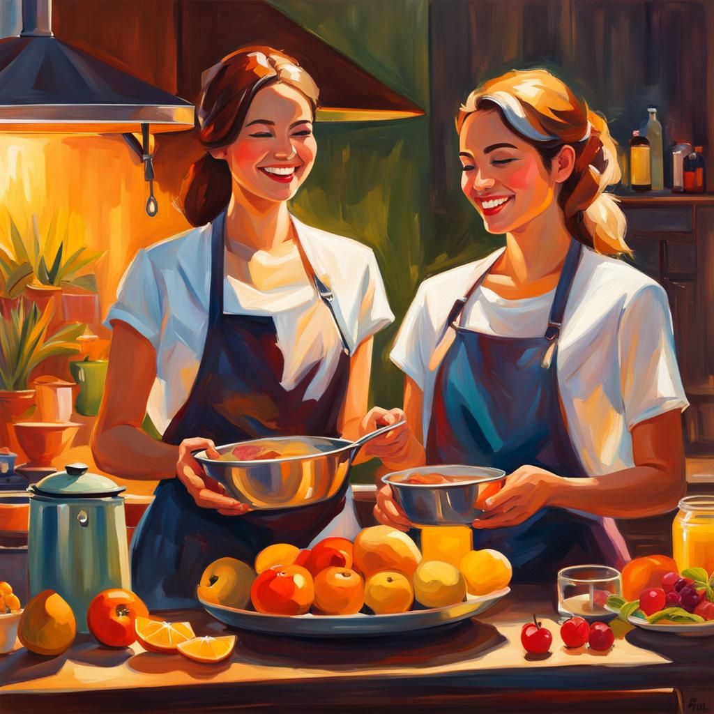 Lesbians Share Breakfast: Warm Colorful Oil Painting