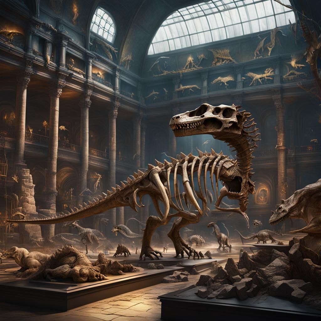 Dinosaur Bones Displayed in Museum, Detailed Matte Painting