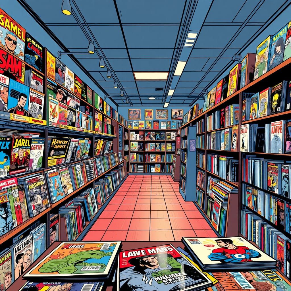 Vibrant Comic Book Store Interior in Classic Superhero Style