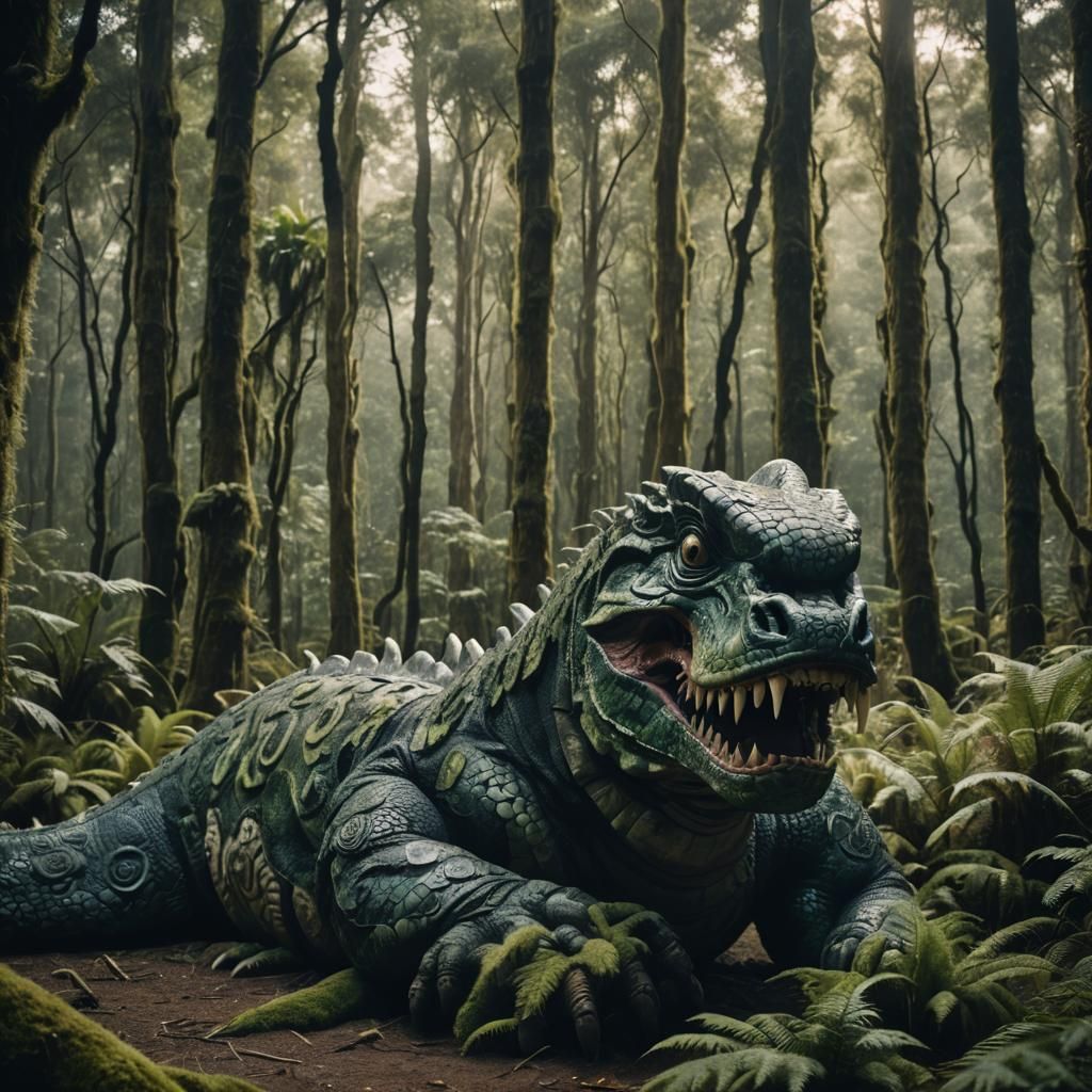 Epic Taniwha in Forest: Cinematic Film Still