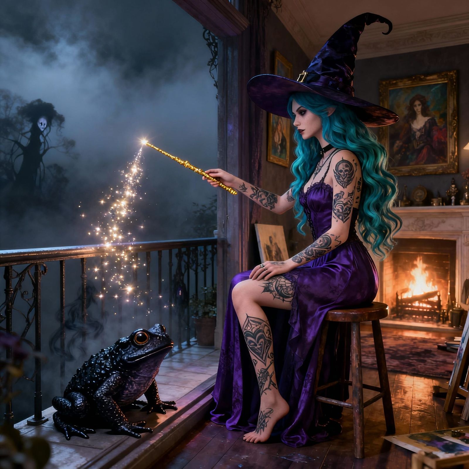 Gothic Witch Casting Spell into Black Toad