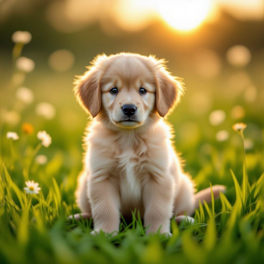 Fluffy Golden Retriever Puppy in Golden Hour Light