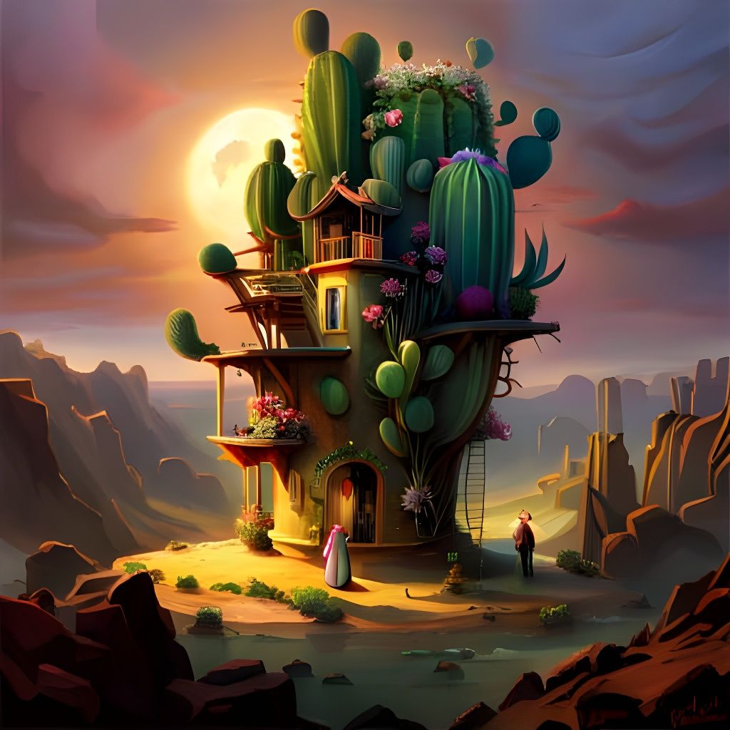 Cactus Treehouse in a Surreal Landscape