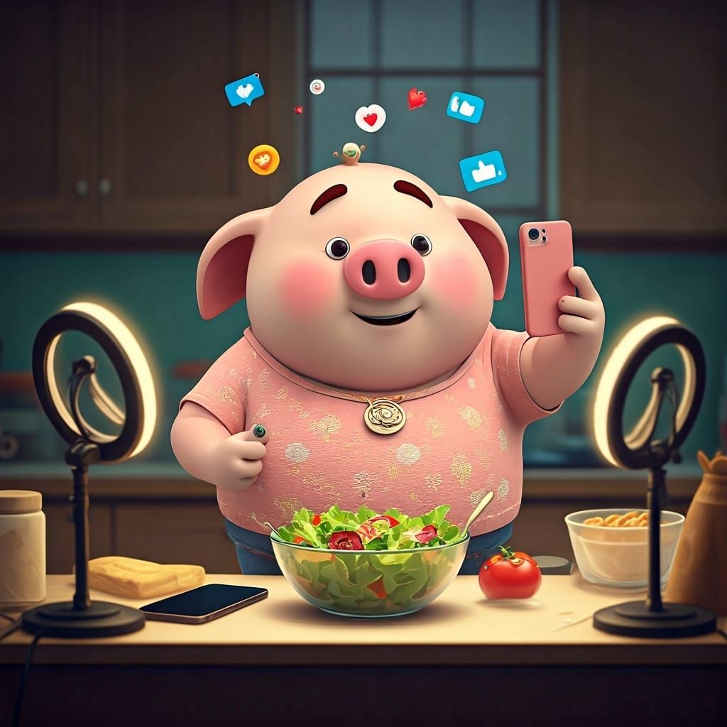Pig Influencer Selfie in Pixar Style