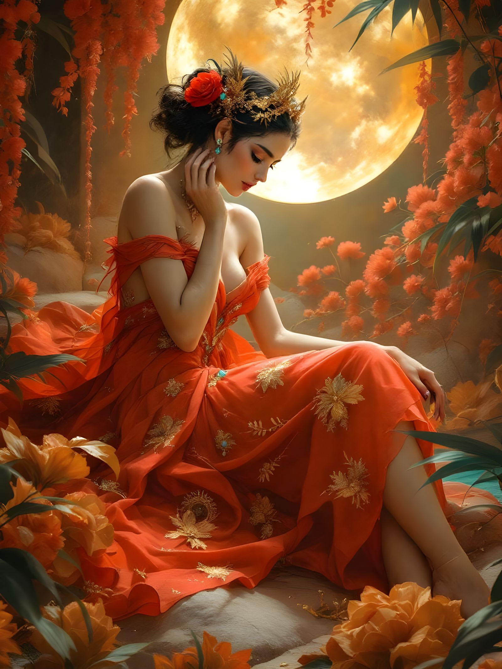 A luminous and sensual blend of Paul Gauguin’s symbolic exoticism and Luis Ricardo Falero’s romantic celestial eroticism...