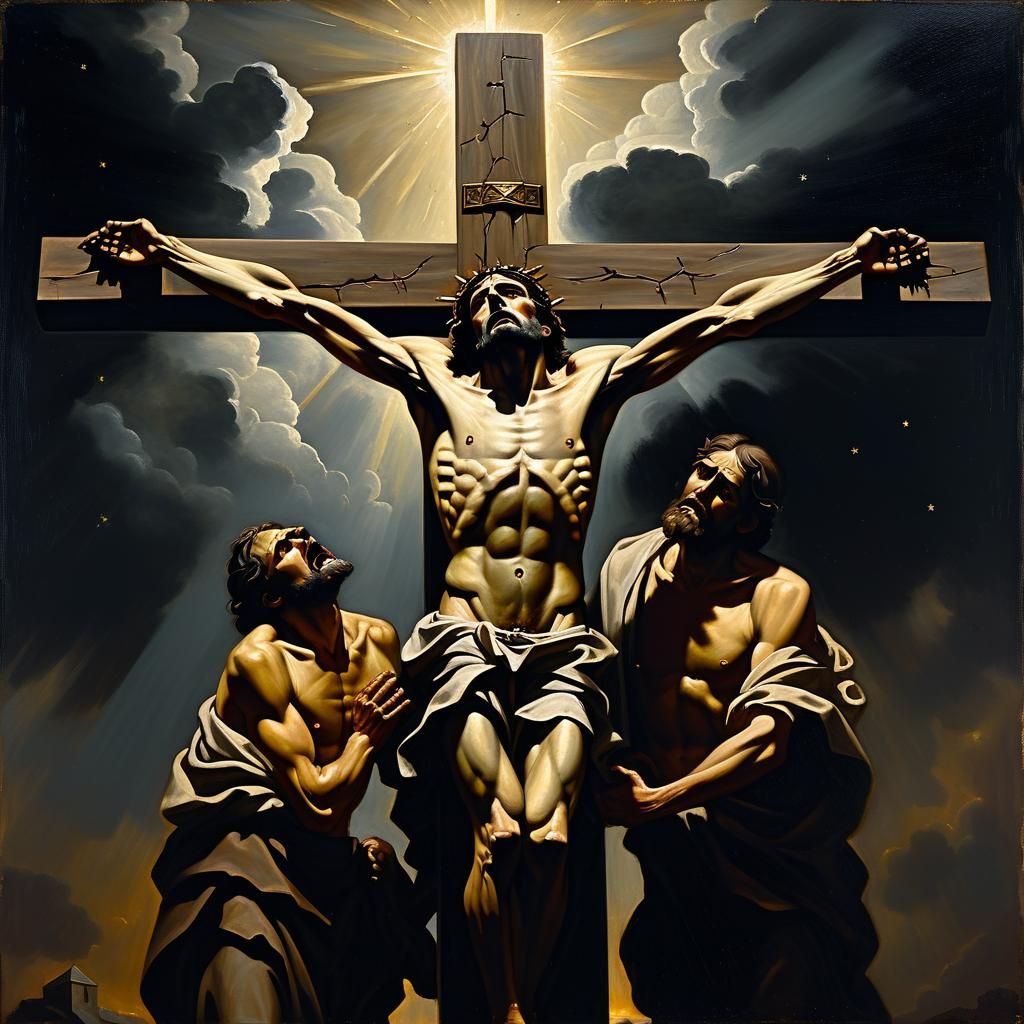Three Men Crucified with Jesus in Baroque Oil Painting