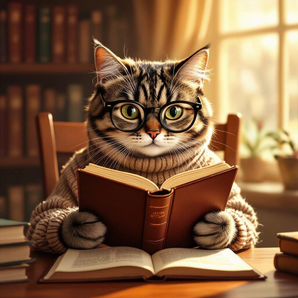 Cat Reading Book in Beatrix Potter Style