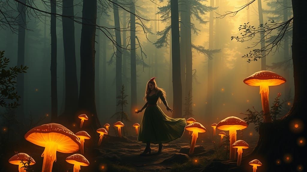Mystical Sorceress in Forest at Twilight