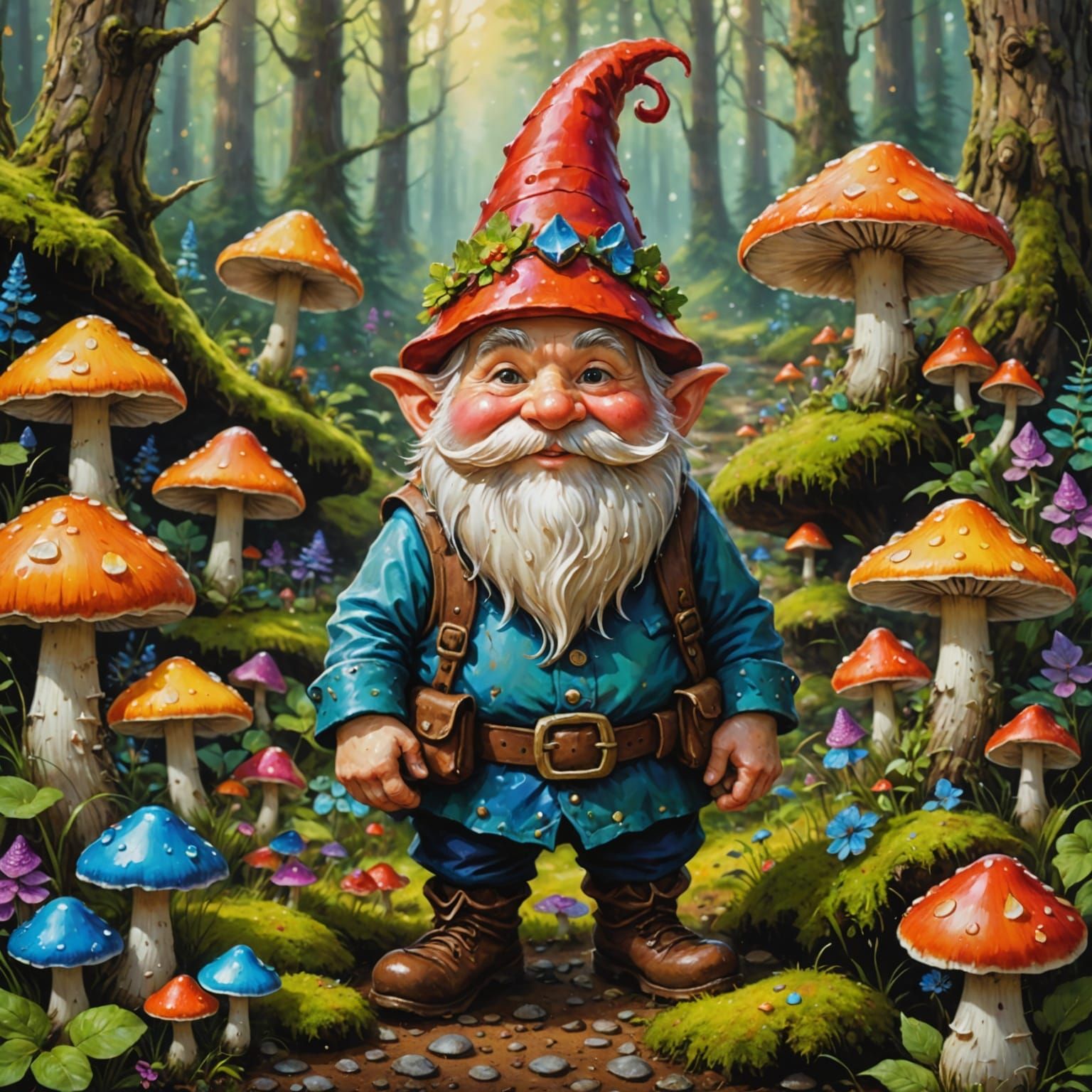 Mischievous Gnome With Mushroom Hat in Enchanted Forest