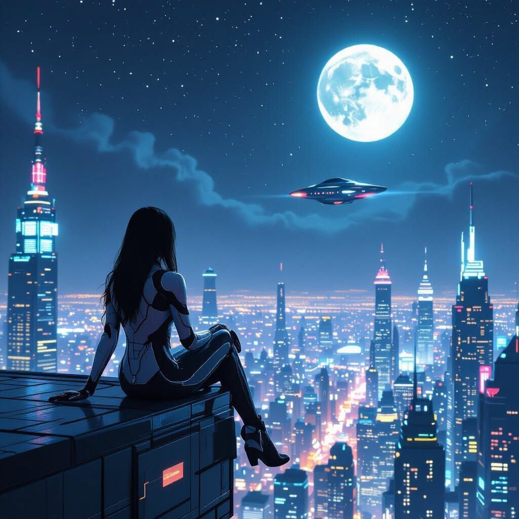 Futuristic Cityscape: Girl Gazes at Luminous Moon