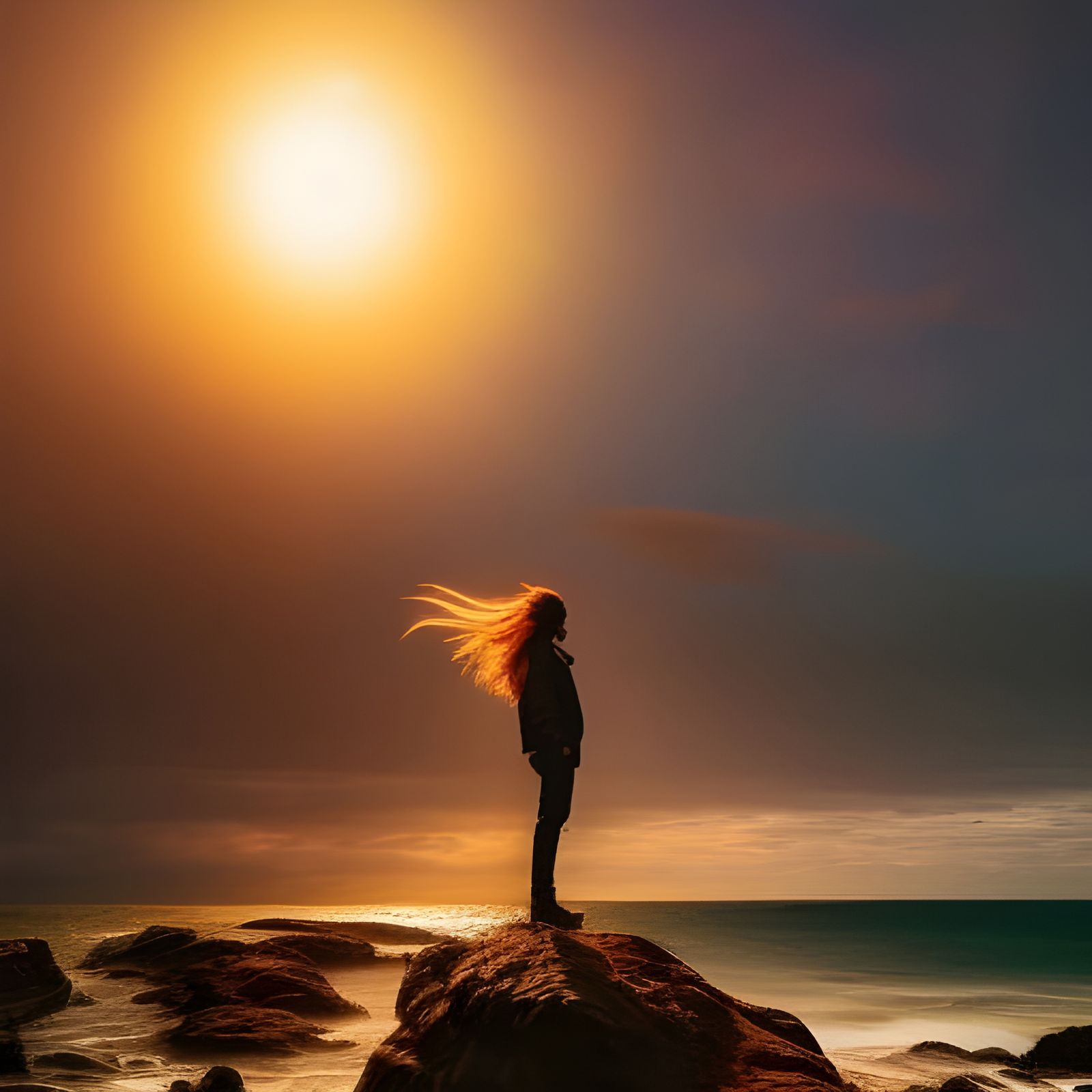 Man with Long Hair at Sea, Golden Hour