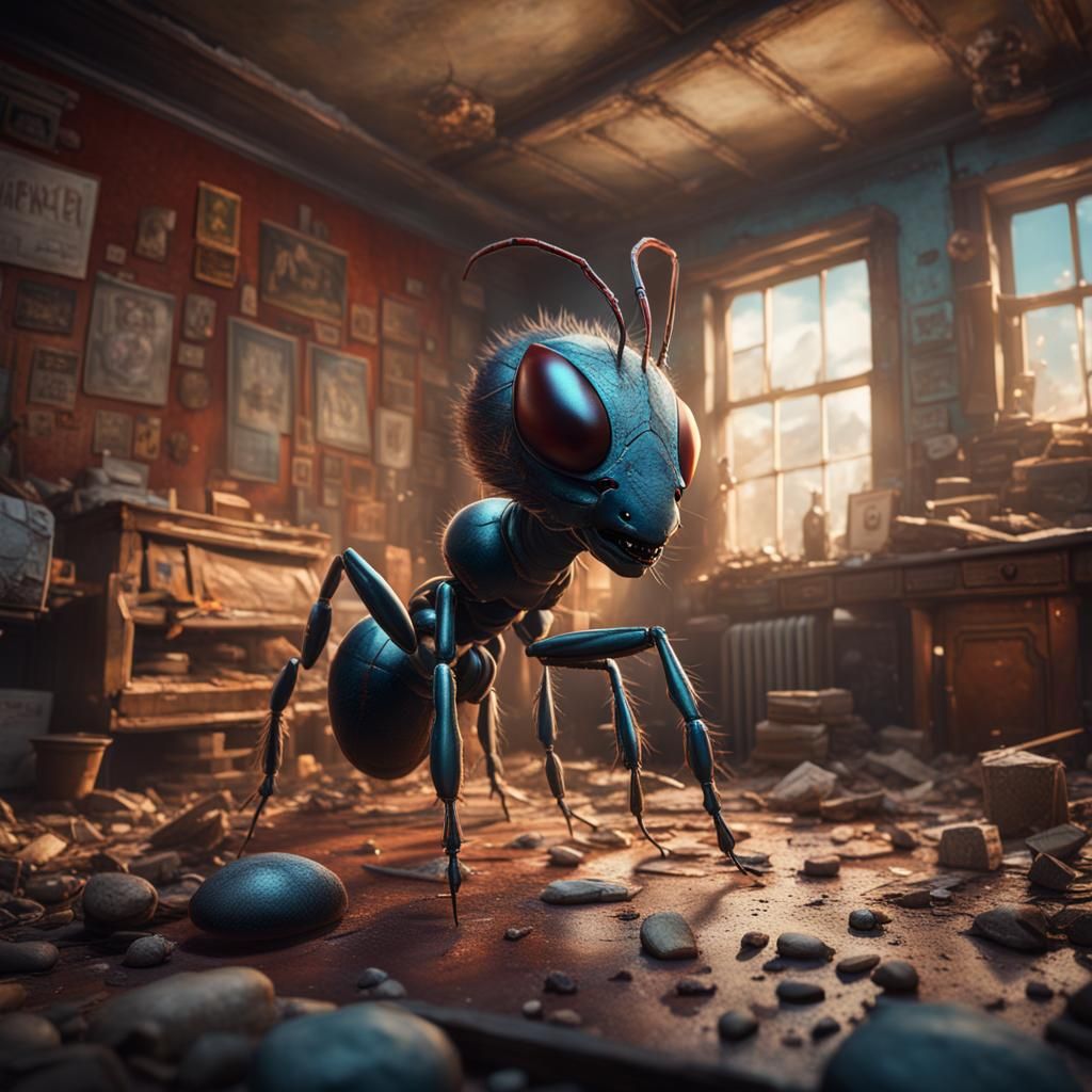 Anthropomorphic Ant in Run-Down Apartment: Detailed Matte Pa...
